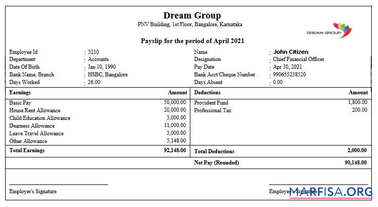 Printable India Dream group payslip template